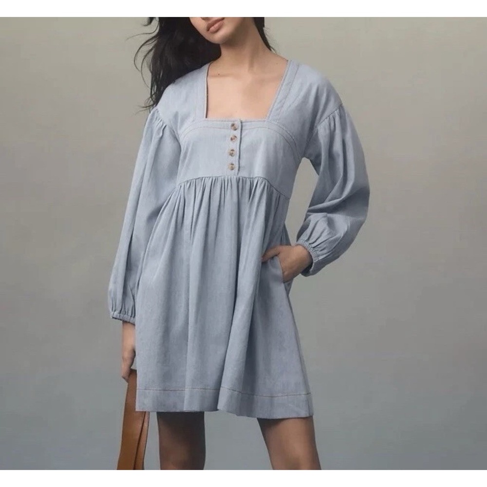 New Anthropologie Dress Women's XS Denim Blue Long-Sleeve Babydoll Coquette